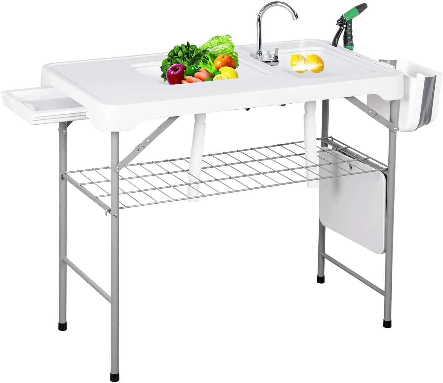 Folding Fish Cleaning Table, 42.6” Portable Camping Sink Table with Faucet & 2 Sinks, w/Grid Rack, Drainage Hose, Sprayer, Garbage Bin, Drawer, for Picnic Fishing