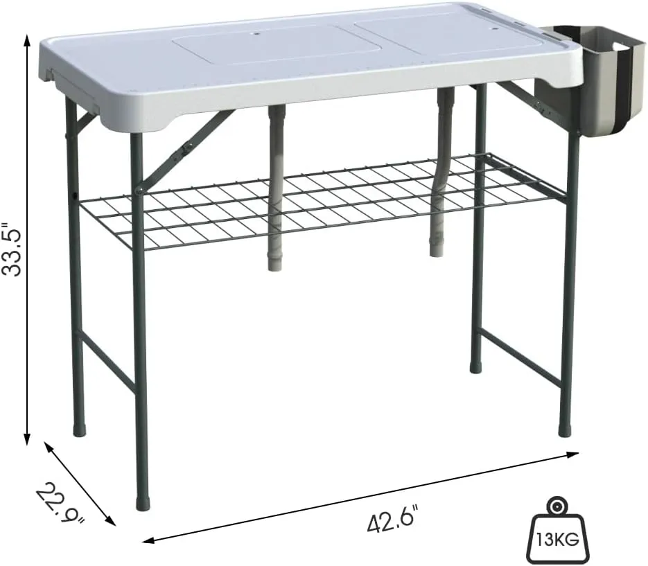Folding Fish Cleaning Table, 42.6” Portable Camping Sink Table with Faucet & 2 Sinks, w/Grid Rack, Drainage Hose, Sprayer, Garbage Bin, Drawer, for Picnic Fishing