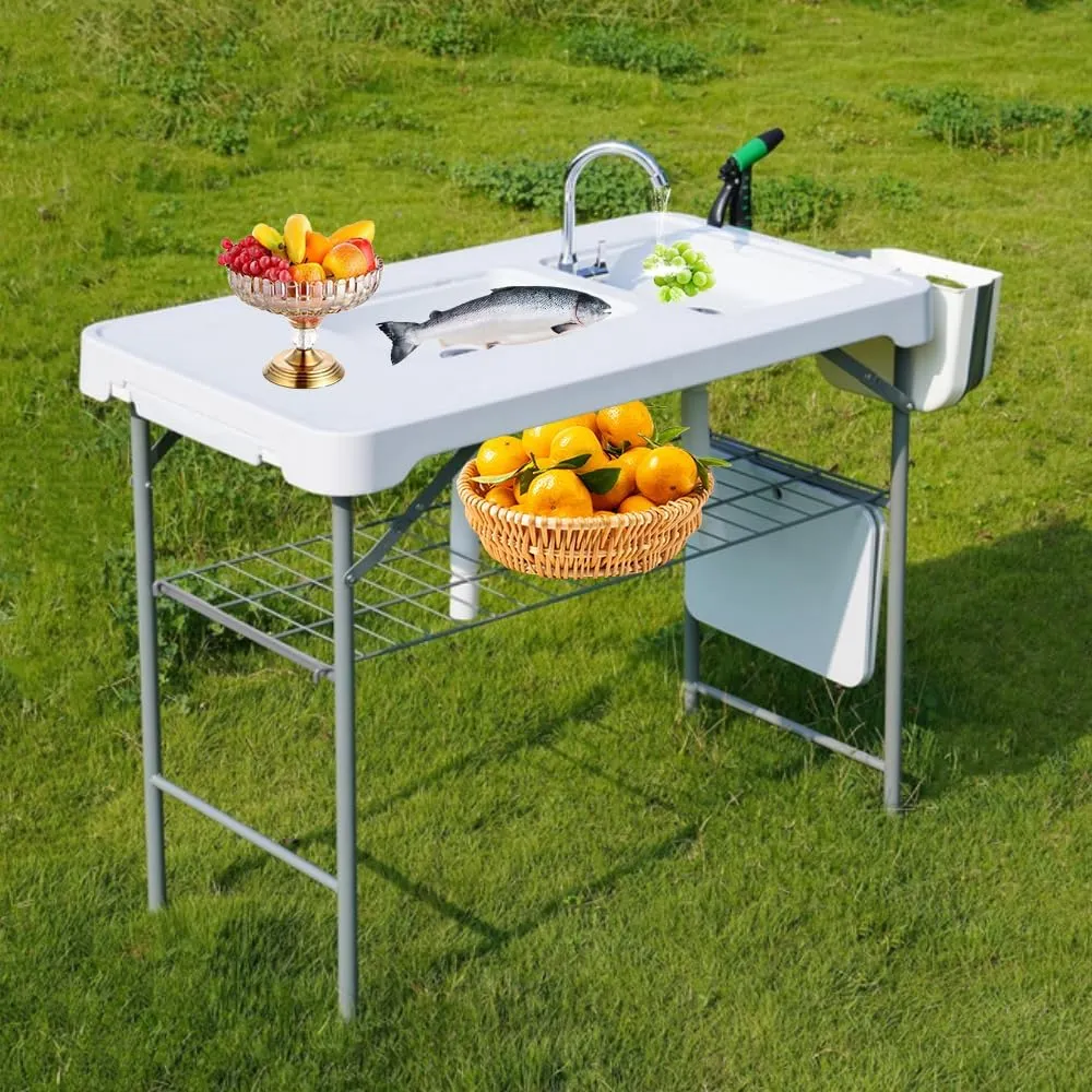 Folding Fish Cleaning Table, 42.6” Portable Camping Sink Table with Faucet & 2 Sinks, w/Grid Rack, Drainage Hose, Sprayer, Garbage Bin, Drawer, for Picnic Fishing
