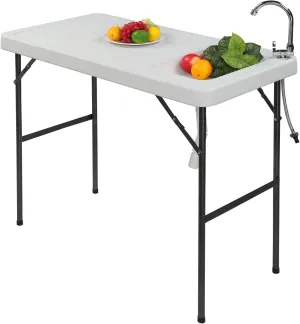 Folding Fish Cleaning Table with Sink, Outdoor Camping Table, Off White, 46" x 24" x 37"
