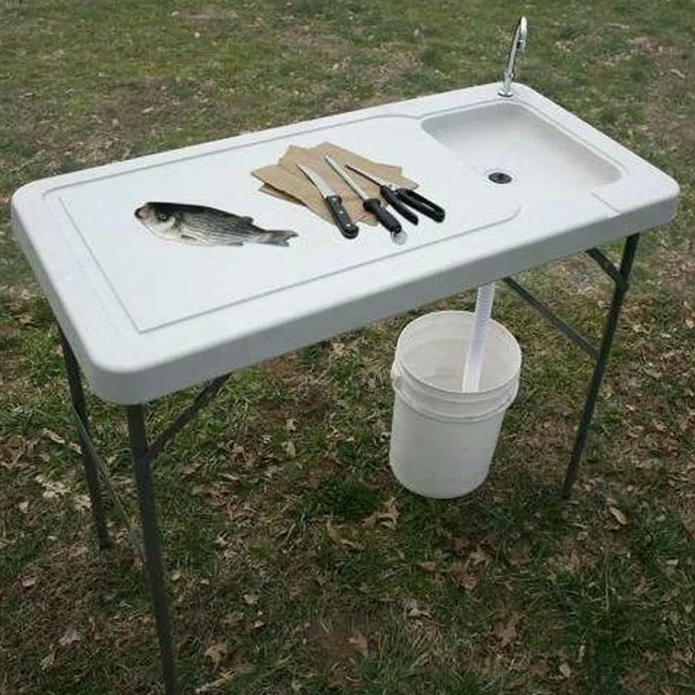 Folding Fish Cleaning Table with Sink Portable Camping Sink Station with Camping Accessories, Outdoor Sink Station with Hose Hook Up & Faucet Portable Sink for Camping for Dock Bench Fishing Picnic