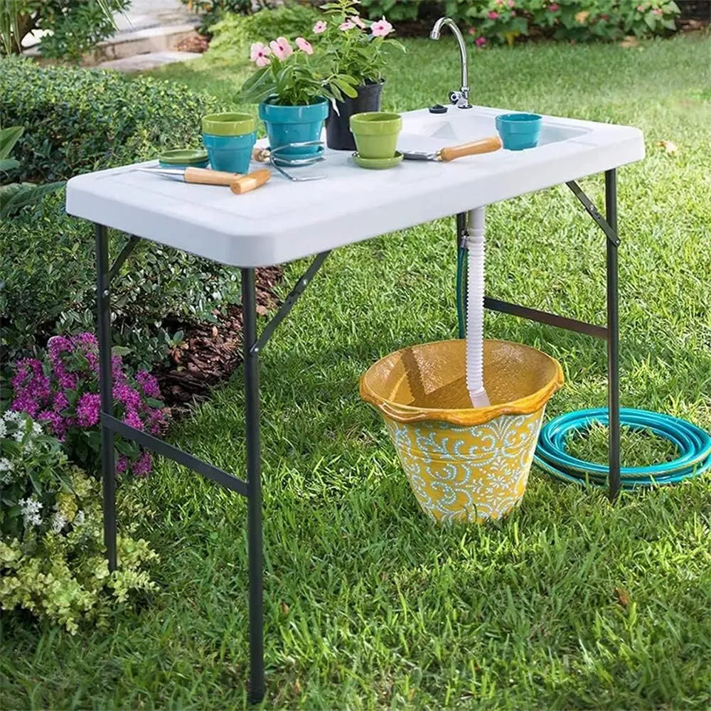 Folding Fishing Table with Sink, 4Ft Portable Fish Cleaning Table, Foldable Outdoor Camping Fishing Cleaning with Faucet for Picnic Camping Kitchen Garden White