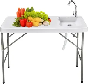Folding Fishing Table with Sink, 4Ft Portable Fish Cleaning Table, Foldable Outdoor Camping Fishing Cleaning with Faucet for Picnic Camping Kitchen Garden White