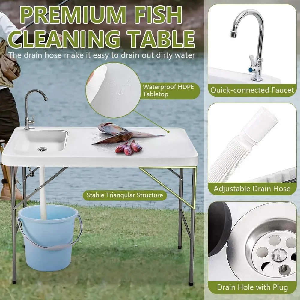 Folding Fishing Table with Sink, 4Ft Portable Fish Cleaning Table, Foldable Outdoor Camping Fishing Cleaning with Faucet for Picnic Camping Kitchen Garden White