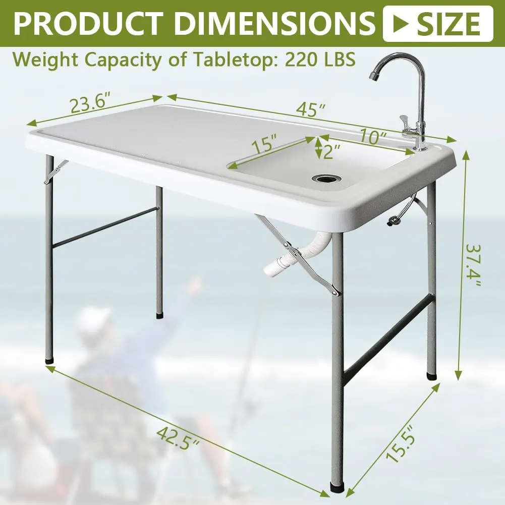 Folding Fishing Table with Sink, 4Ft Portable Fish Cleaning Table, Foldable Outdoor Camping Fishing Cleaning with Faucet for Picnic Camping Kitchen Garden White