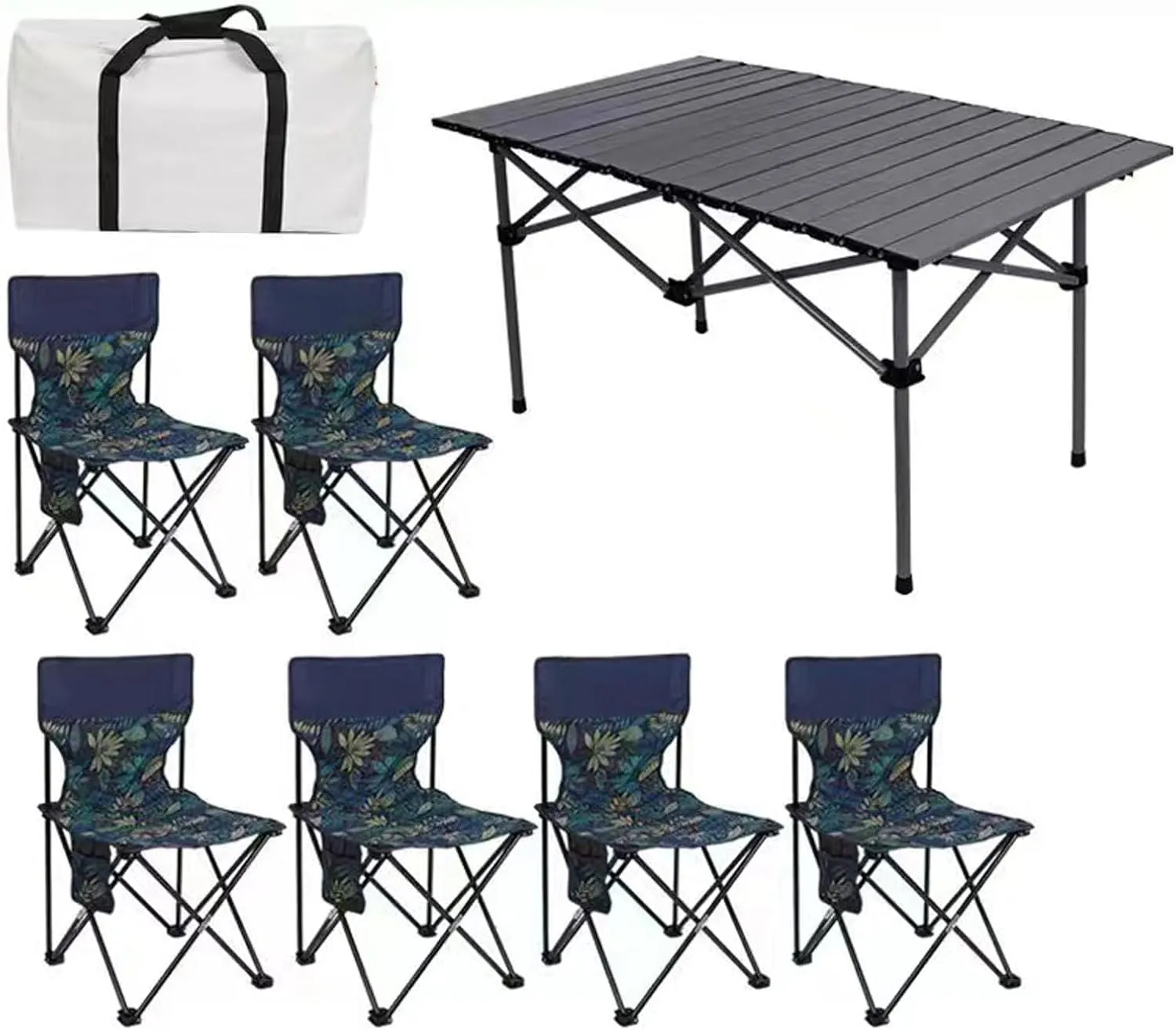 Folding Outdoor Camping Picnic Tables and Chairs, Carbon Steel Foldable Roll-up Table Top Small Table, Portable Fishing Chair Set, Easy to Assemble