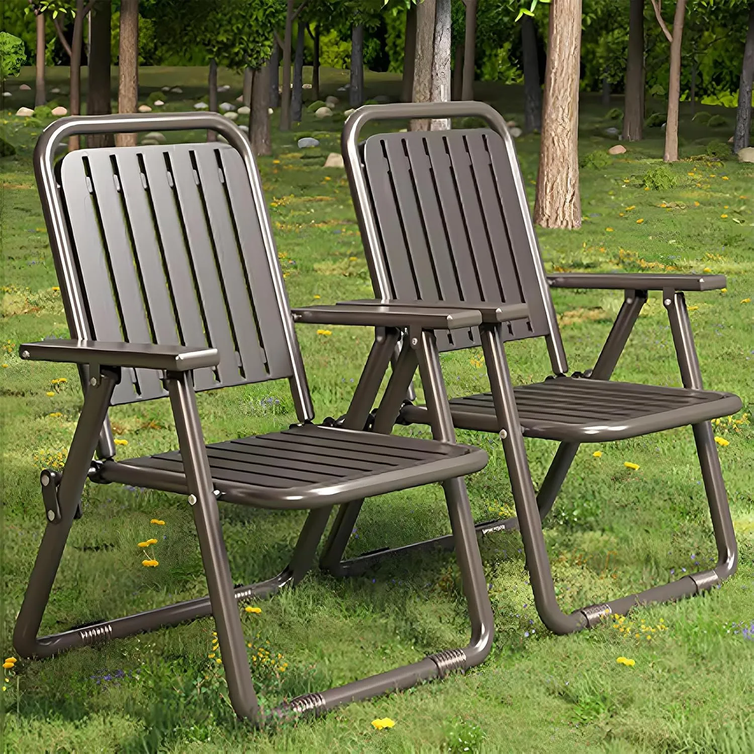 Folding Patio Chair,Outdoor Dining Chair with Armrests and Back,Portable Patio Chair for Porch, Deck,Garden, Backyard,Metal Frame,Perfect for Summer(2pcs, Brown)