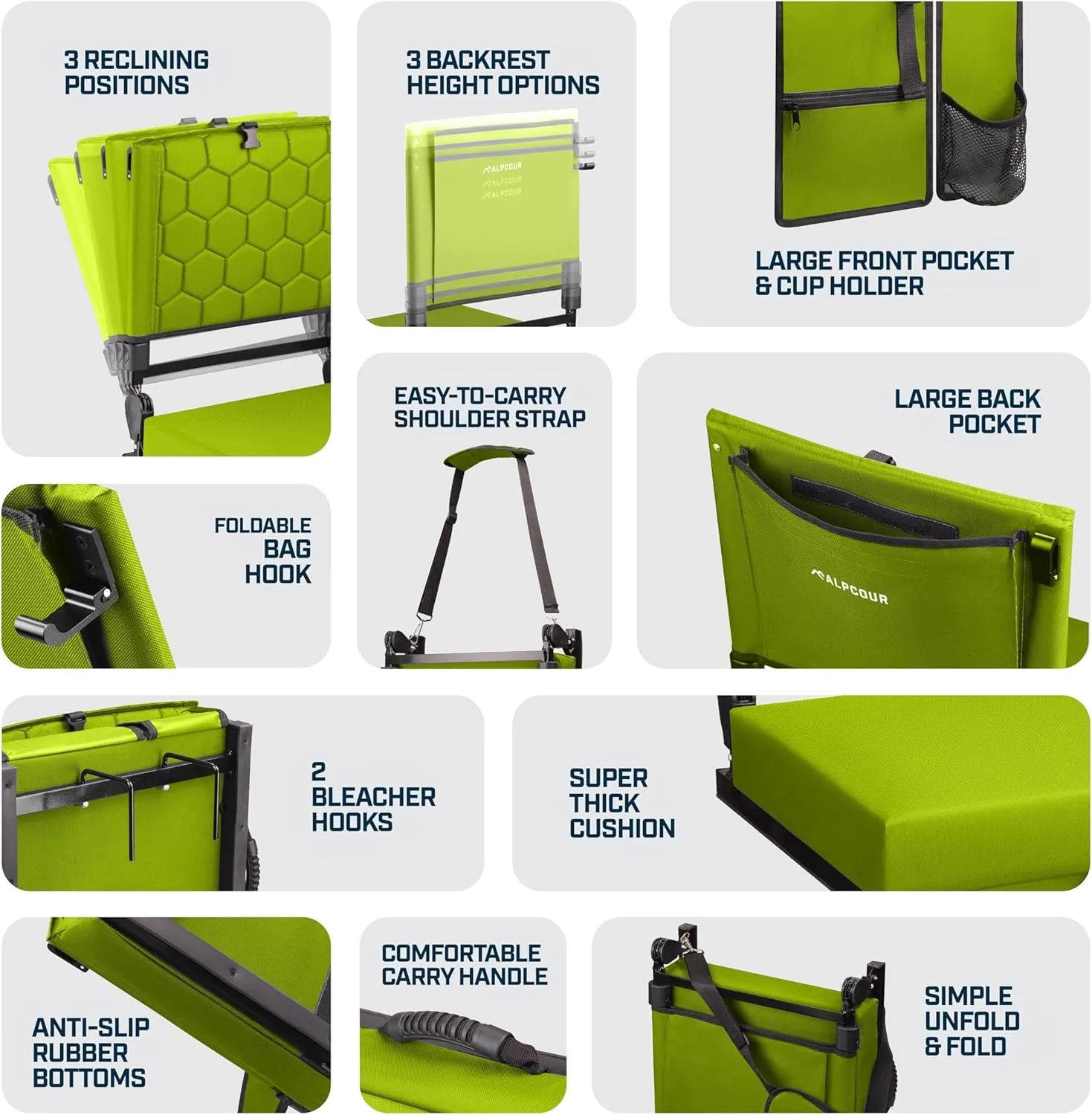 Folding Reclining Stadium Seats with Back Support for Bleachers, Bleacher Chairs with Back and Cushion Seating for Football, Camping Chair, Kayak Seat, Canoe, Paddle Board, Concerts, & Sports Events
