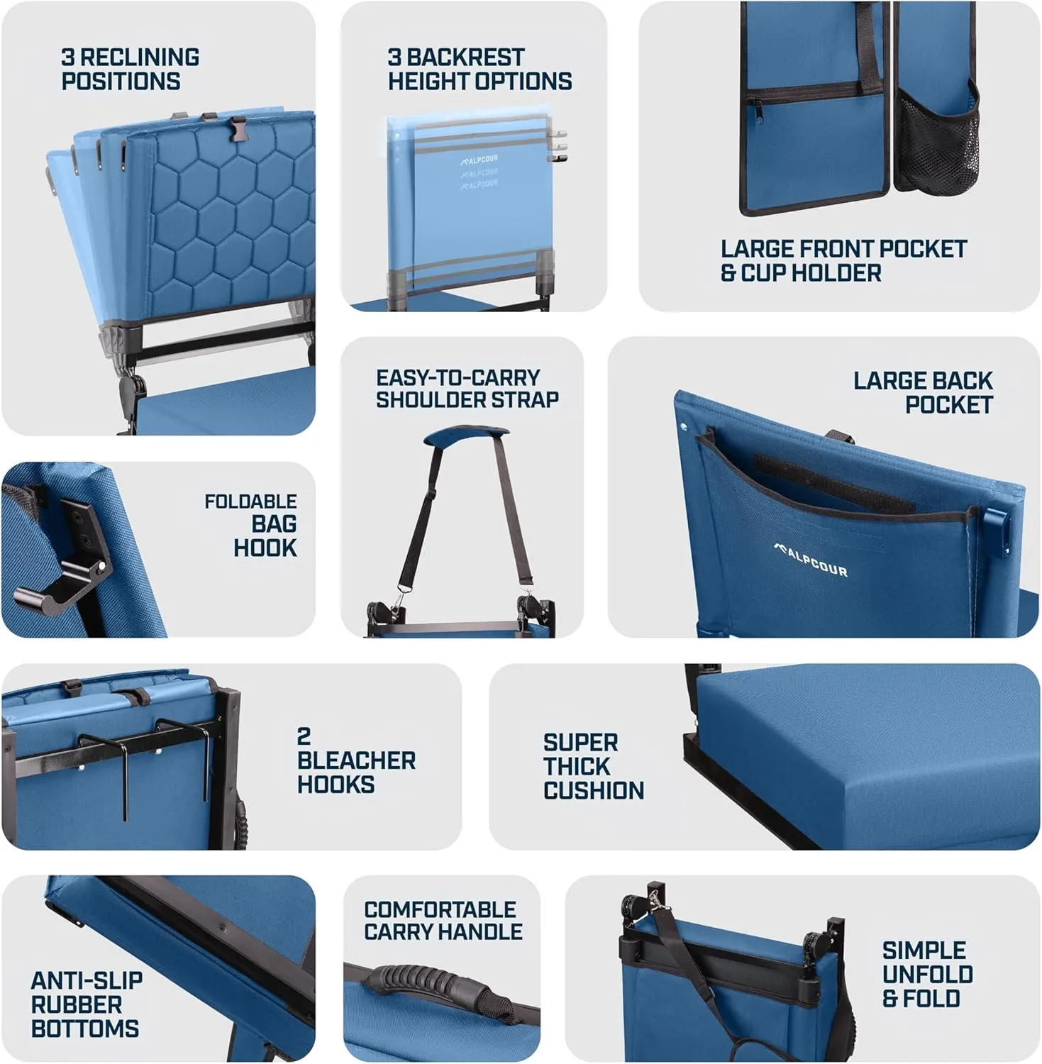 Folding Reclining Stadium Seats with Back Support for Bleachers, Bleacher Chairs with Back and Cushion Seating for Football, Camping Chair, Kayak Seat, Canoe, Paddle Board, Concerts, & Sports Events
