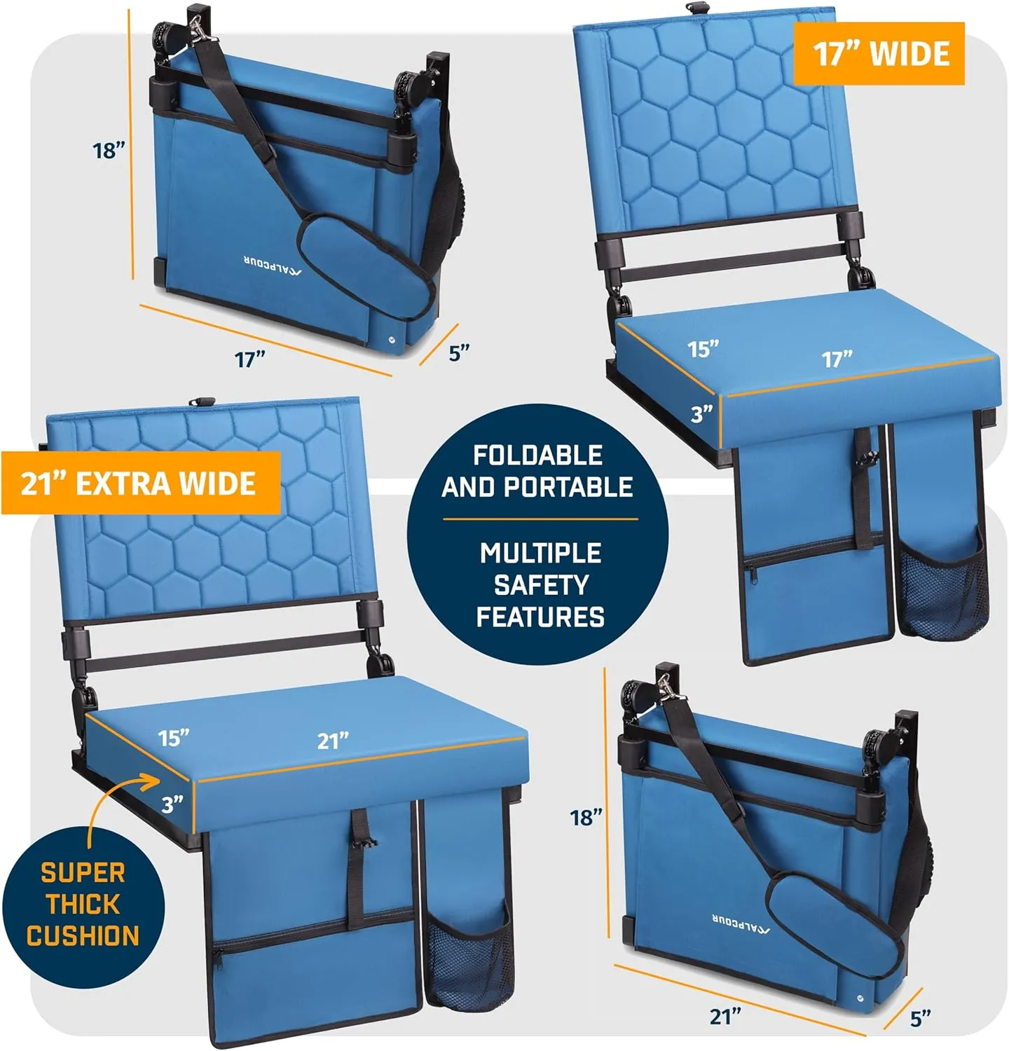 Folding Reclining Stadium Seats with Back Support for Bleachers, Bleacher Chairs with Back and Cushion Seating for Football, Camping Chair, Kayak Seat, Canoe, Paddle Board, Concerts, & Sports Events