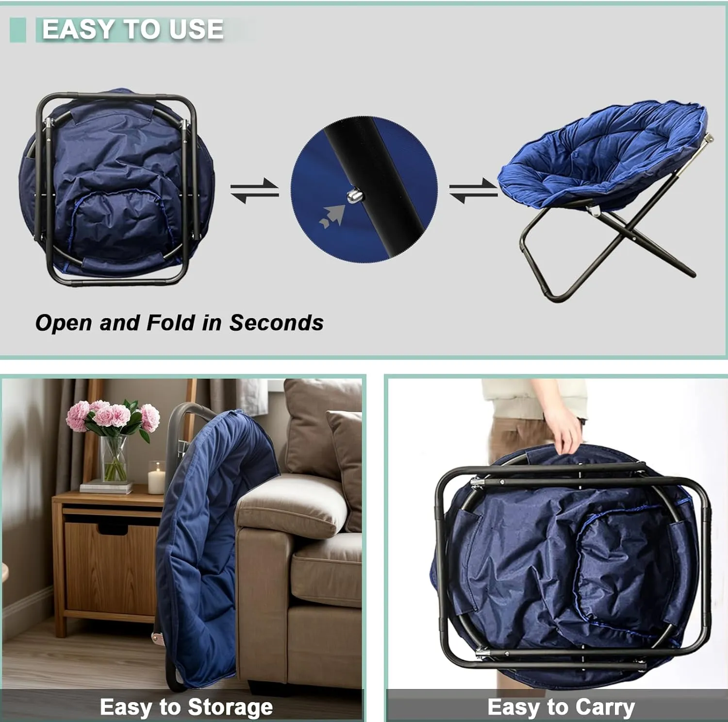 Folding Saucer Chair for Adult, Comfy Padded Moon Chairs with Faux Fur, Round Portable Lounge Chair with Metal Frame, Reading Relaxing Lightweight Seat for Bedroom Living Room Dorm (navy blue, 2 PACK)