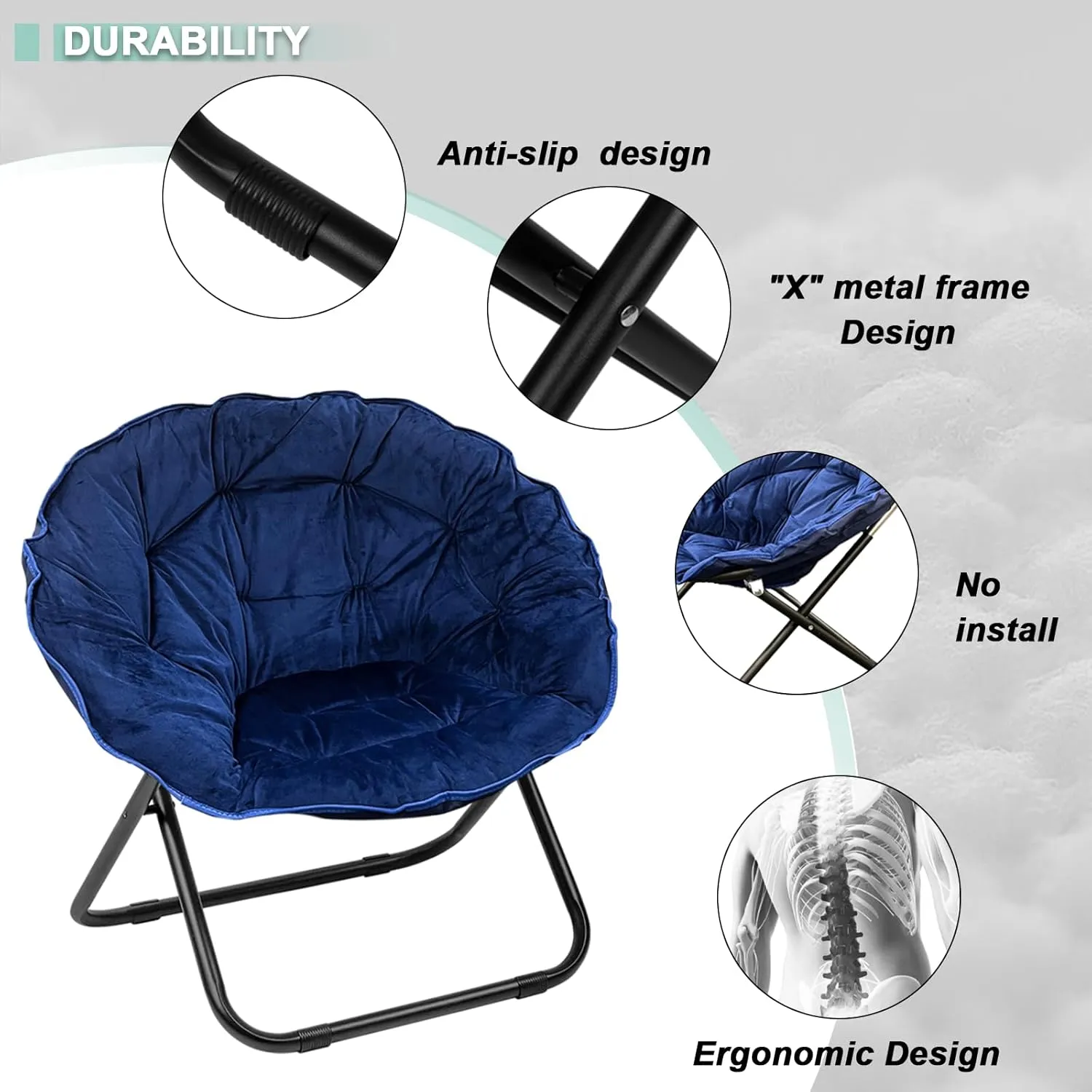 Folding Saucer Chair for Adult, Comfy Padded Moon Chairs with Faux Fur, Round Portable Lounge Chair with Metal Frame, Reading Relaxing Lightweight Seat for Bedroom Living Room Dorm (navy blue, 2 PACK)