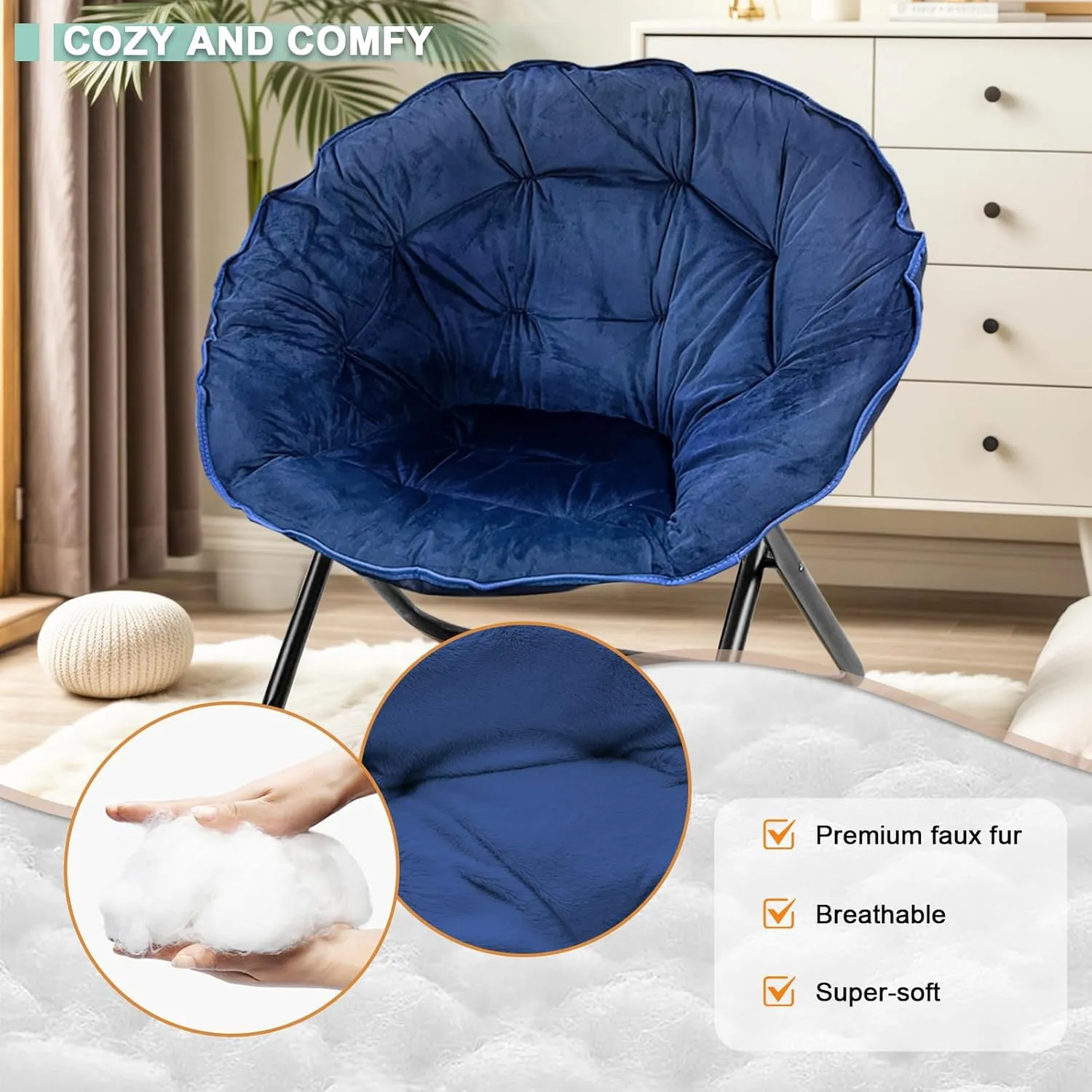 Folding Saucer Chair for Adult, Comfy Padded Moon Chairs with Faux Fur, Round Portable Lounge Chair with Metal Frame, Reading Relaxing Lightweight Seat for Bedroom Living Room Dorm (navy blue, 2 PACK)
