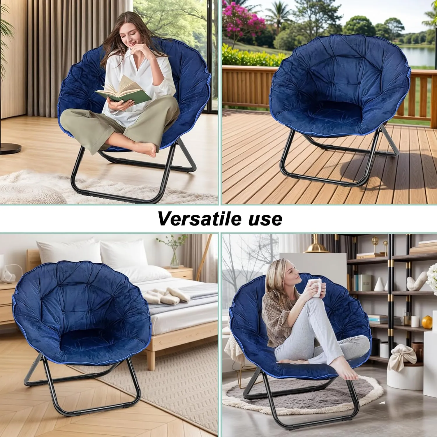 Folding Saucer Chair for Adult, Comfy Padded Moon Chairs with Faux Fur, Round Portable Lounge Chair with Metal Frame, Reading Relaxing Lightweight Seat for Bedroom Living Room Dorm (navy blue, 2 PACK)