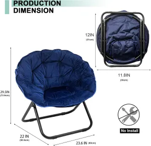 Folding Saucer Chair for Adult, Comfy Padded Moon Chairs with Faux Fur, Round Portable Lounge Chair with Metal Frame, Reading Relaxing Lightweight Seat for Bedroom Living Room Dorm (navy blue, 2 PACK)