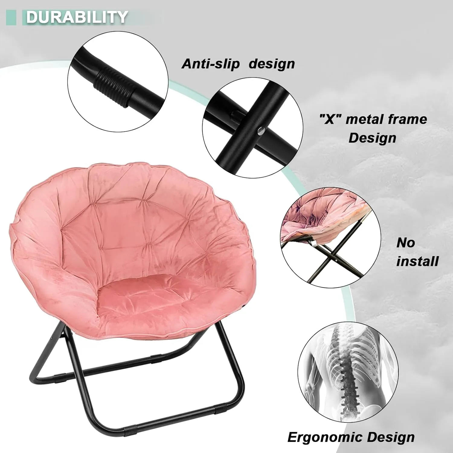 Folding Saucer Chair for Adult, Comfy Padded Moon Chairs with Faux Fur, Round Portable Lounge Chair with Metal Frame, Reading Relaxing Lightweight Seat for Bedroom Living Room Dorm (Pink, 2 Pack)
