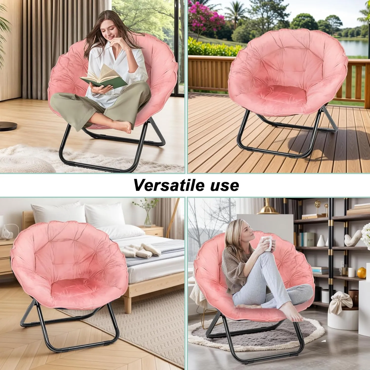 Folding Saucer Chair for Adult, Comfy Padded Moon Chairs with Faux Fur, Round Portable Lounge Chair with Metal Frame, Reading Relaxing Lightweight Seat for Bedroom Living Room Dorm (Pink, 2 Pack)