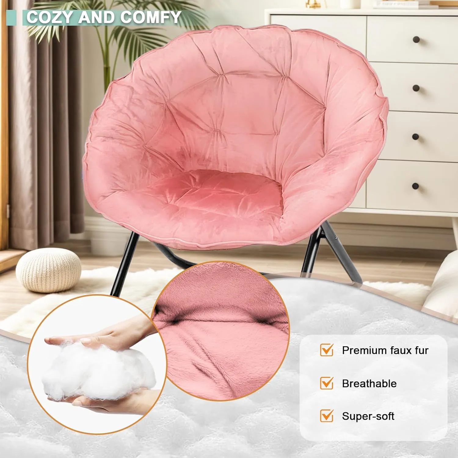 Folding Saucer Chair for Adult, Comfy Padded Moon Chairs with Faux Fur, Round Portable Lounge Chair with Metal Frame, Reading Relaxing Lightweight Seat for Bedroom Living Room Dorm (Pink, 2 Pack)