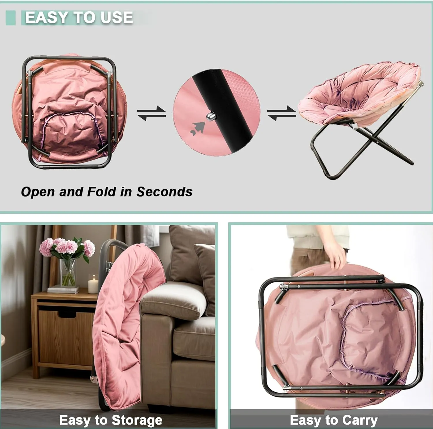 Folding Saucer Chair for Adult, Comfy Padded Moon Chairs with Faux Fur, Round Portable Lounge Chair with Metal Frame, Reading Relaxing Lightweight Seat for Bedroom Living Room Dorm (Pink, 2 Pack)
