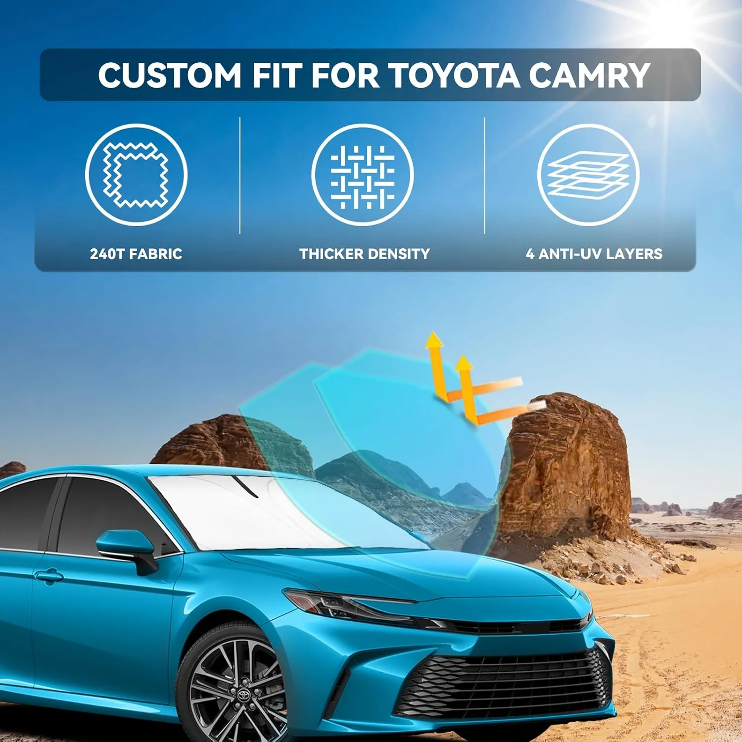 for Toyota Camry 2025 Windshield Sun Shade - 4 Layers Car Sunshades for Front Windows Shade Cover Custom Fit Camry Sun Visor 240T Retractable Blocks Shade UV Rays Accessories