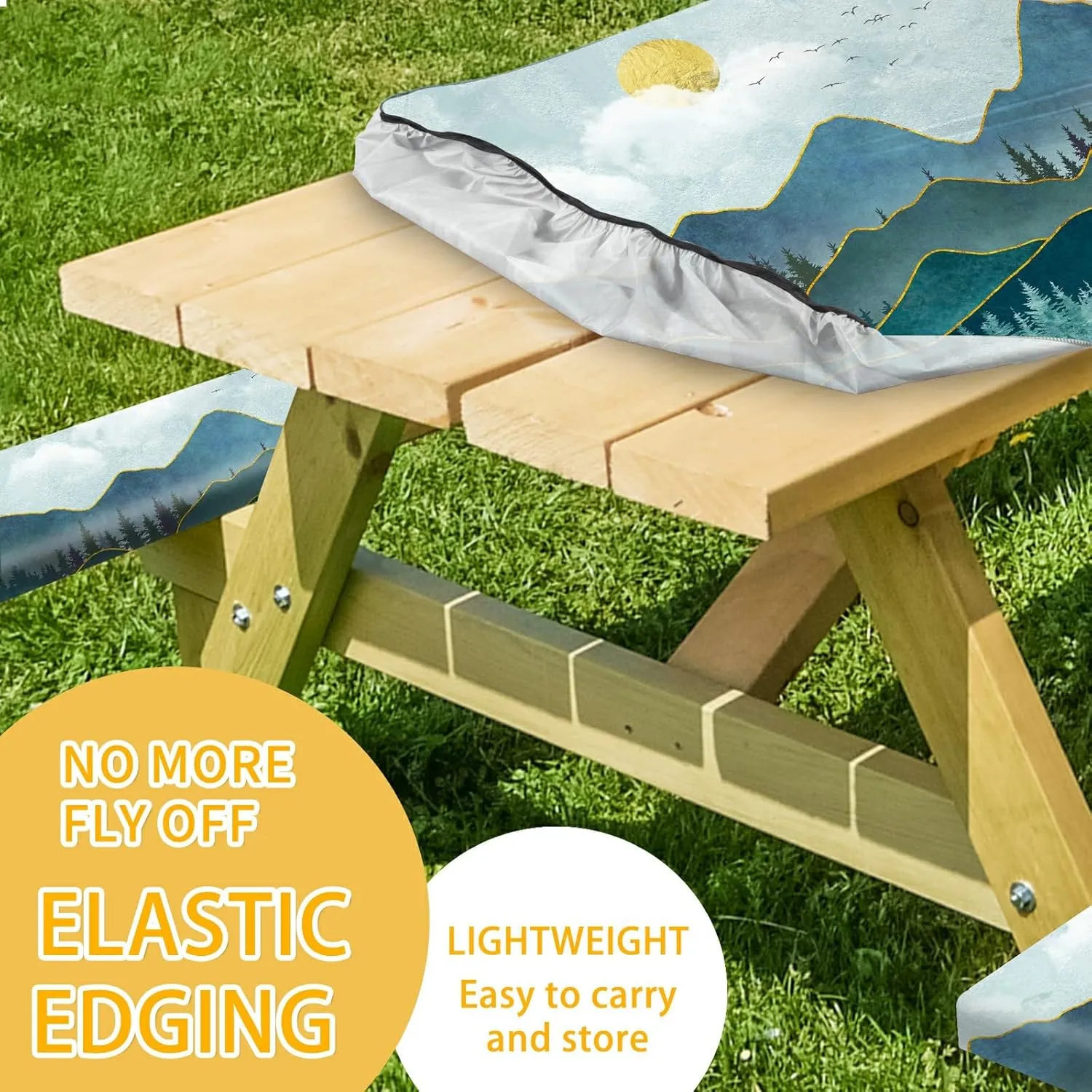 Forest Mountain Art Fitted Picnic Table Cover with Bench Covers 6FT 3PCS，Camping Tablecloth Waterproof and oilproof Lightweight with elastic Edge for Indoor Outdoor Patio（72inch）