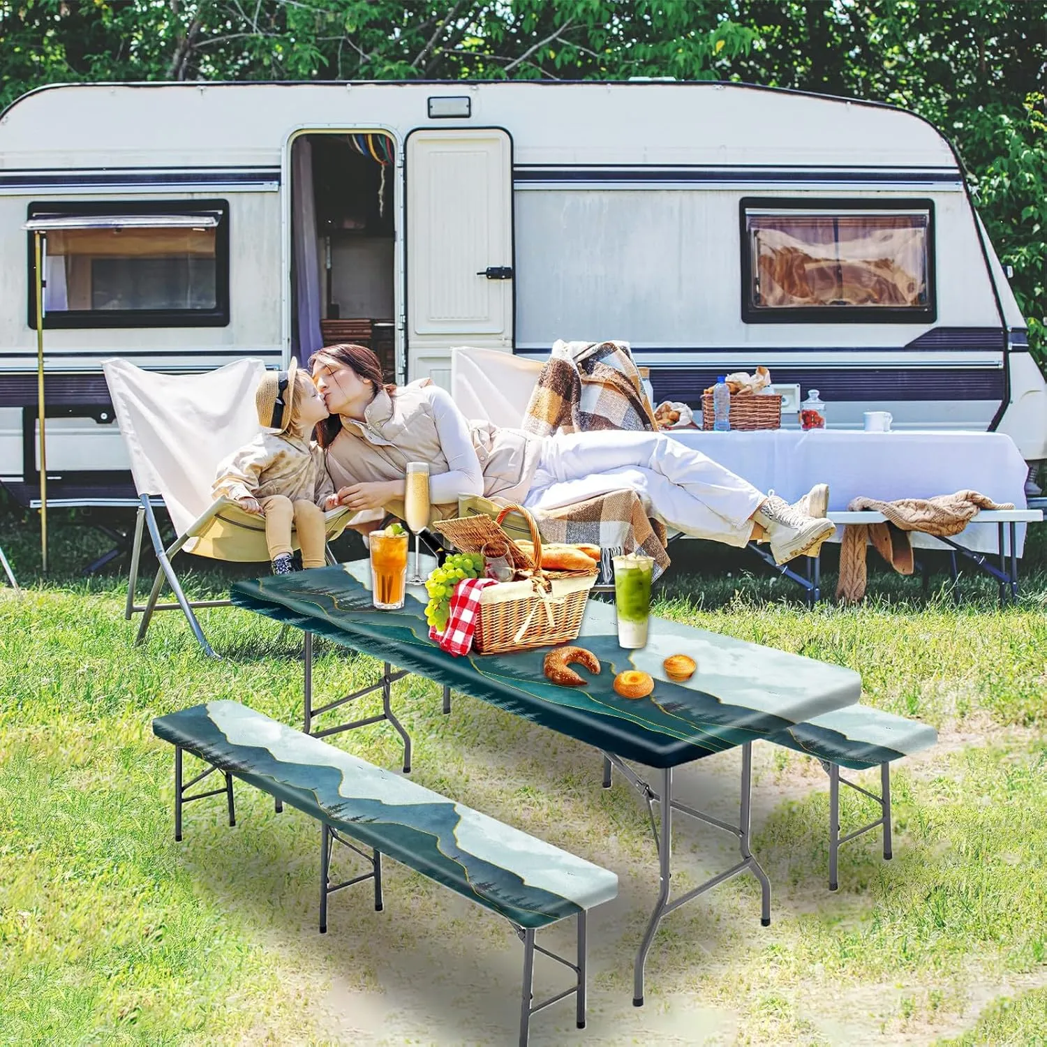 Forest Mountain Art Fitted Picnic Table Cover with Bench Covers 6FT 3PCS，Camping Tablecloth Waterproof and oilproof Lightweight with elastic Edge for Indoor Outdoor Patio（72inch）