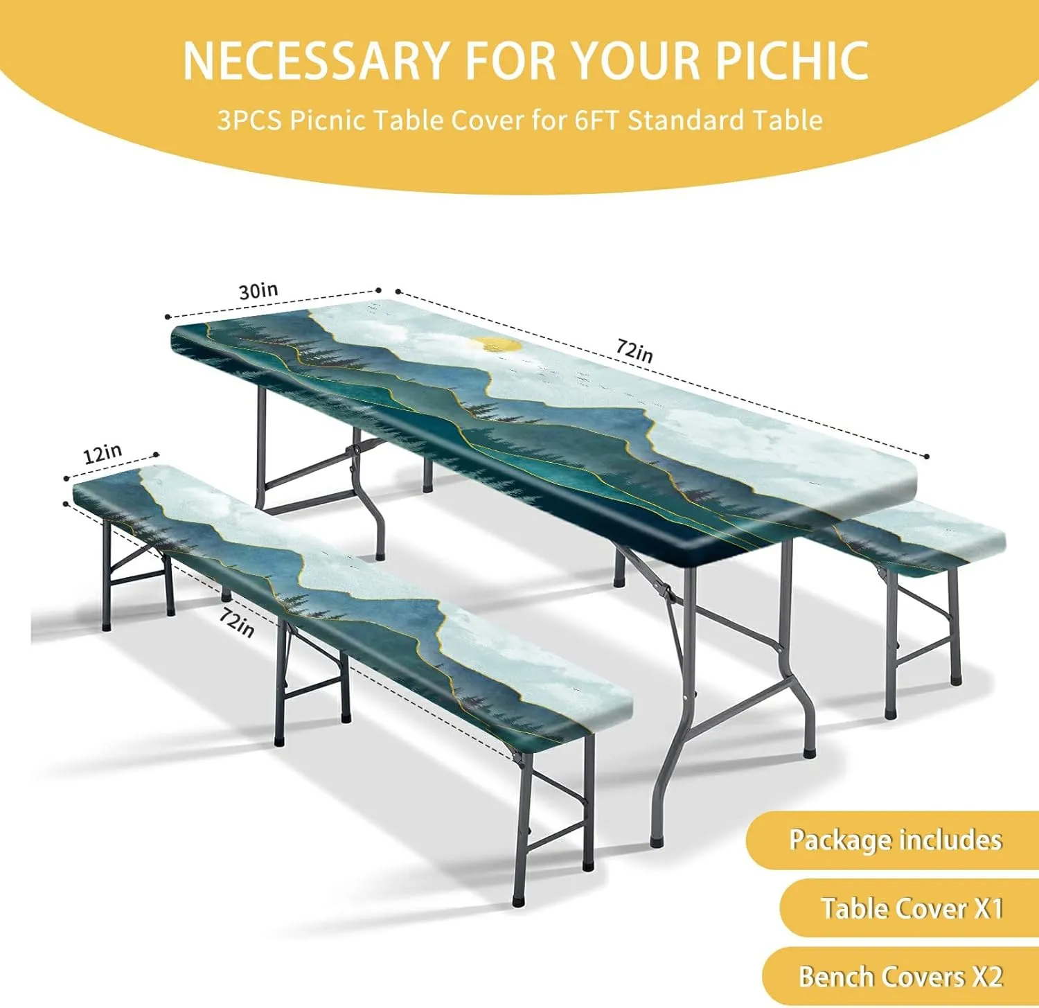 Forest Mountain Art Fitted Picnic Table Cover with Bench Covers 6FT 3PCS，Camping Tablecloth Waterproof and oilproof Lightweight with elastic Edge for Indoor Outdoor Patio（72inch）