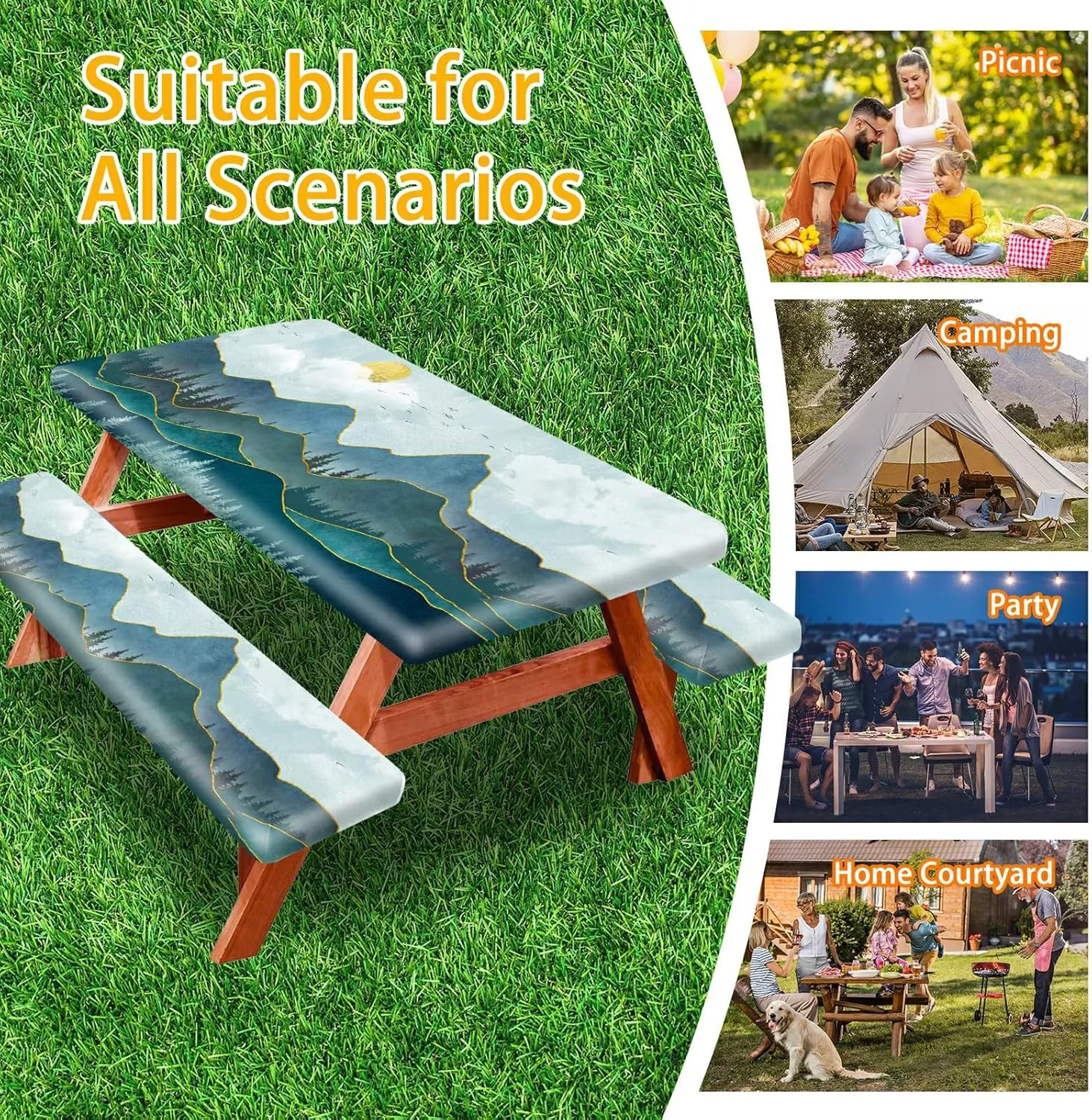 Forest Mountain Art Fitted Picnic Table Cover with Bench Covers 6FT 3PCS，Camping Tablecloth Waterproof and oilproof Lightweight with elastic Edge for Indoor Outdoor Patio（72inch）