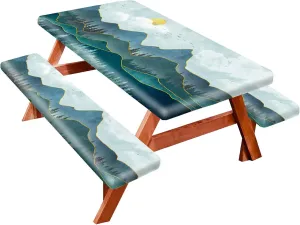 Forest Mountain Art Fitted Picnic Table Cover with Bench Covers 6FT 3PCS，Camping Tablecloth Waterproof and oilproof Lightweight with elastic Edge for Indoor Outdoor Patio（72inch）