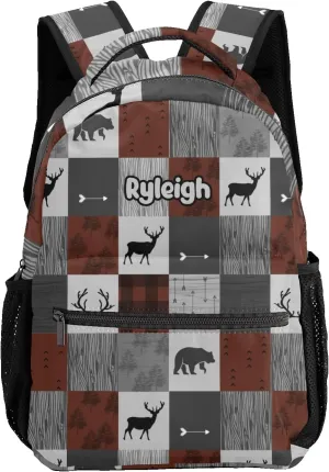 Forest Plaid Deer Bear Personalized Kids School Backpack for Boys Girls Custom Primary Daypack Bags Travel Bookbag