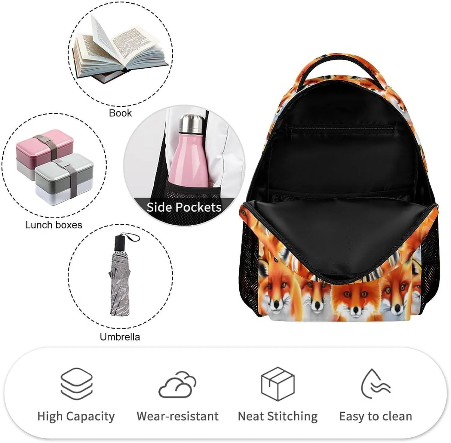 Fox School Backpack for Kids Girls Boys, 16 Inch Cute Foxes Themed Bookbag, Personalized School Backpack for Students Children, Lightweight, Large Capacity
