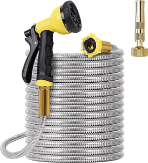 FOXEASE Metal Garden Hose 50FT - Stainless Steel Heavy Duty Water Hose with Metal Nozzle & 8 Function Sprayer, Portable & Lightweight Kink Free Yard Hose, Outdoor Hose