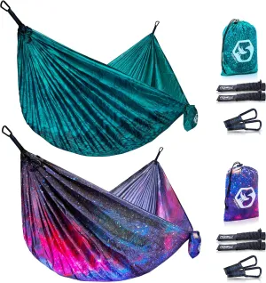 Foxelli Camping Hammock Bundle of 2 – Lightweight Parachute Nylon Portable Hammocks with Tree Ropes and Carabiners
