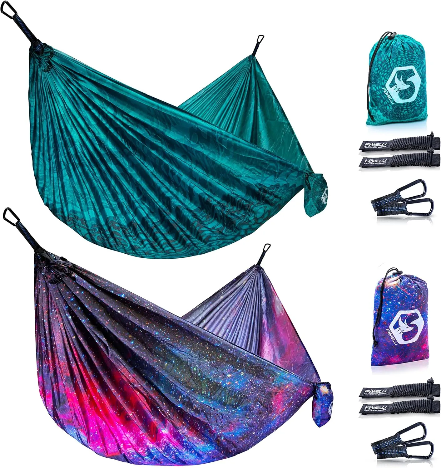 Foxelli Camping Hammock Bundle of 2 – Lightweight Parachute Nylon Portable Hammocks with Tree Ropes and Carabiners