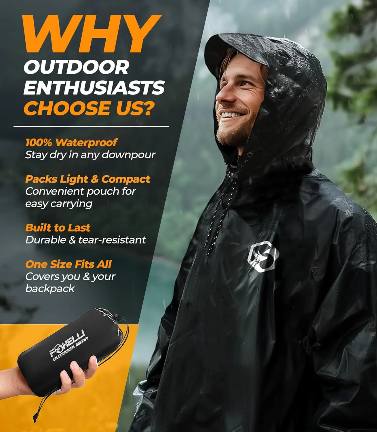 Foxelli Rain Poncho for Adults – Extra Long Reusable Waterproof Raincoat with Hood, Lightweight for Hiking, Camping, Outdoors