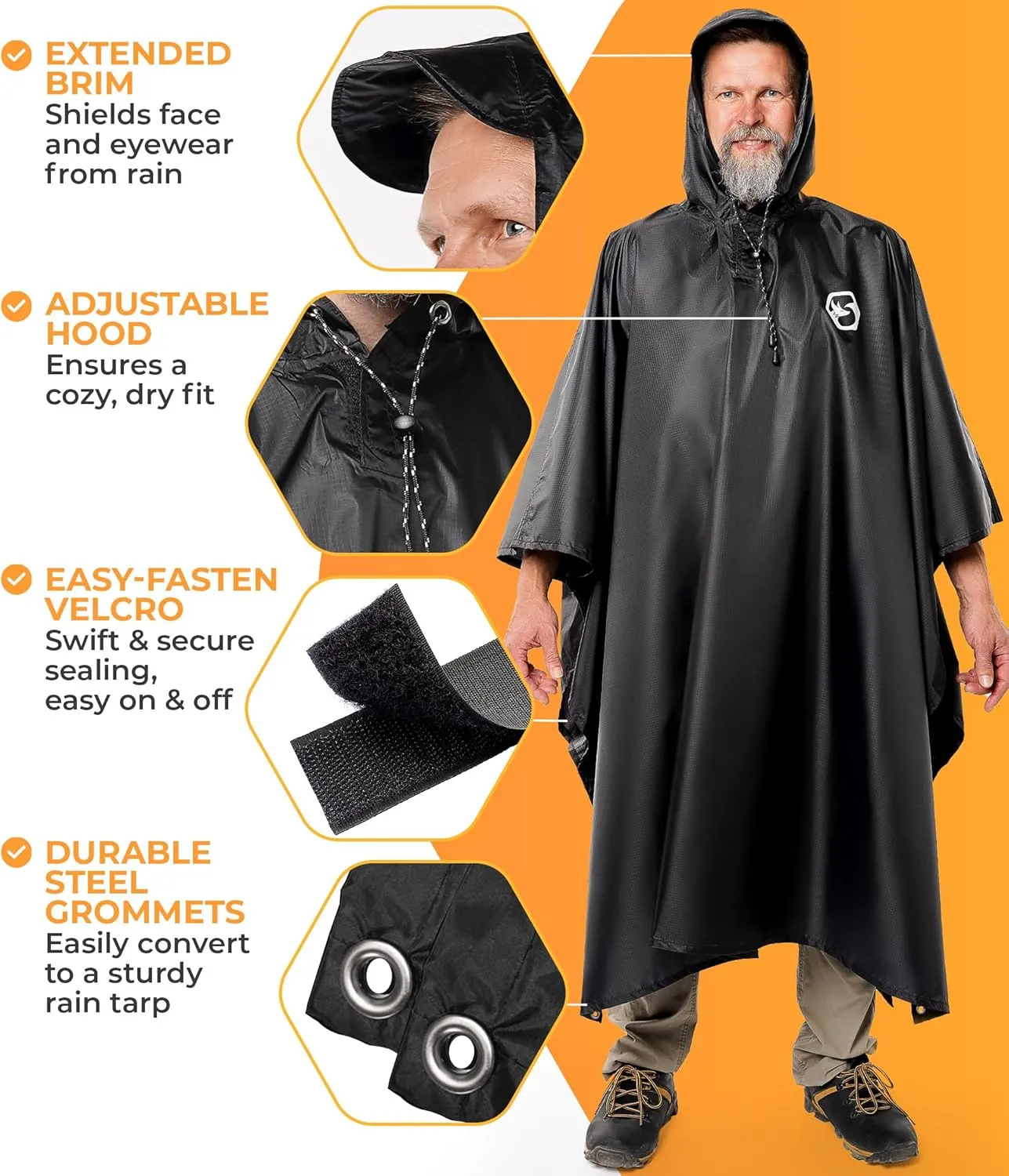 Foxelli Rain Poncho for Adults – Extra Long Reusable Waterproof Raincoat with Hood, Lightweight for Hiking, Camping, Outdoors