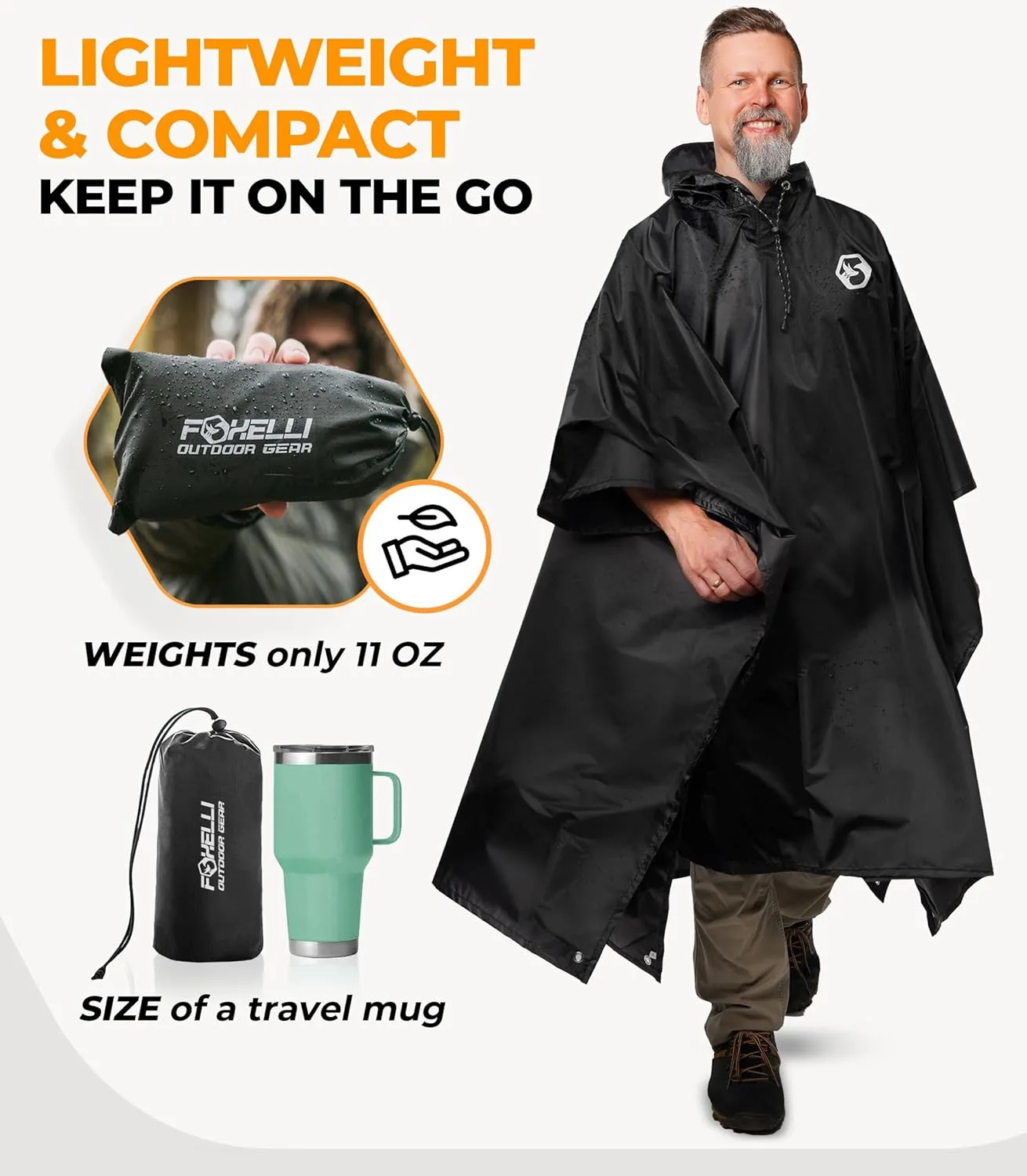 Foxelli Rain Poncho for Adults – Extra Long Reusable Waterproof Raincoat with Hood, Lightweight for Hiking, Camping, Outdoors