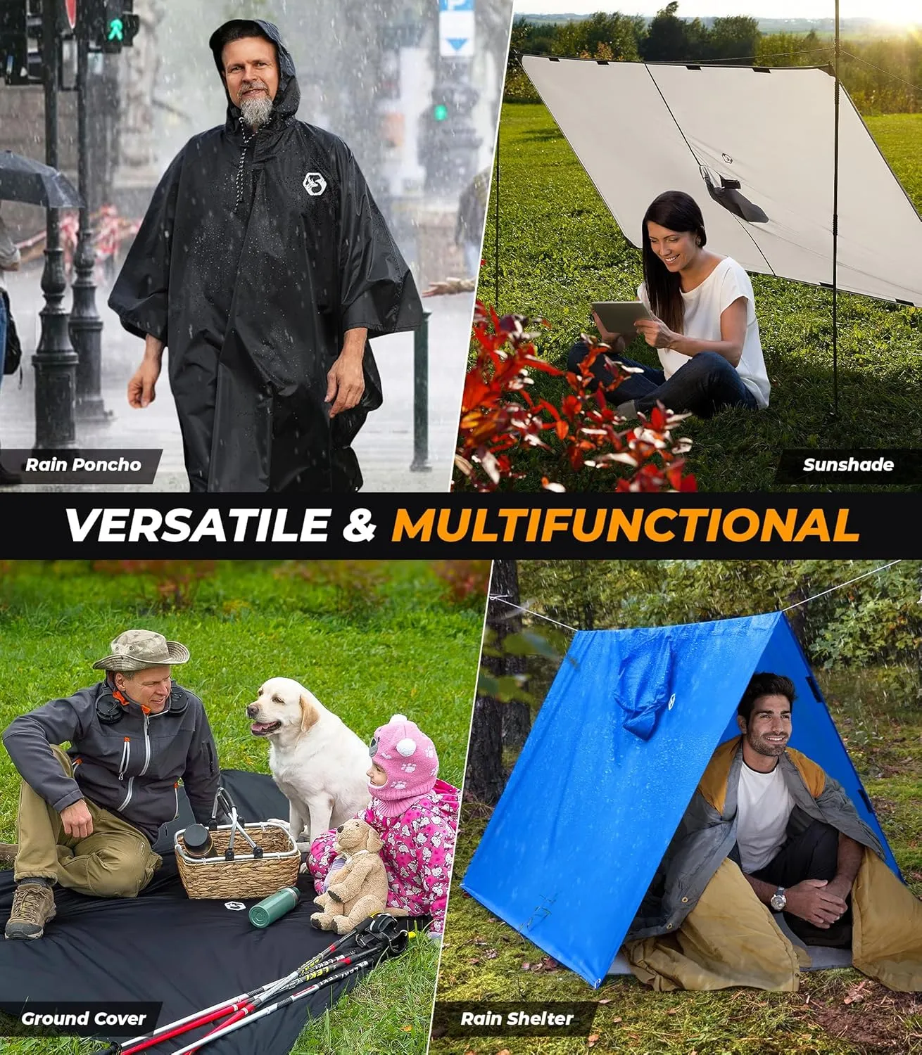 Foxelli Rain Poncho for Adults – Extra Long Reusable Waterproof Raincoat with Hood, Lightweight for Hiking, Camping, Outdoors