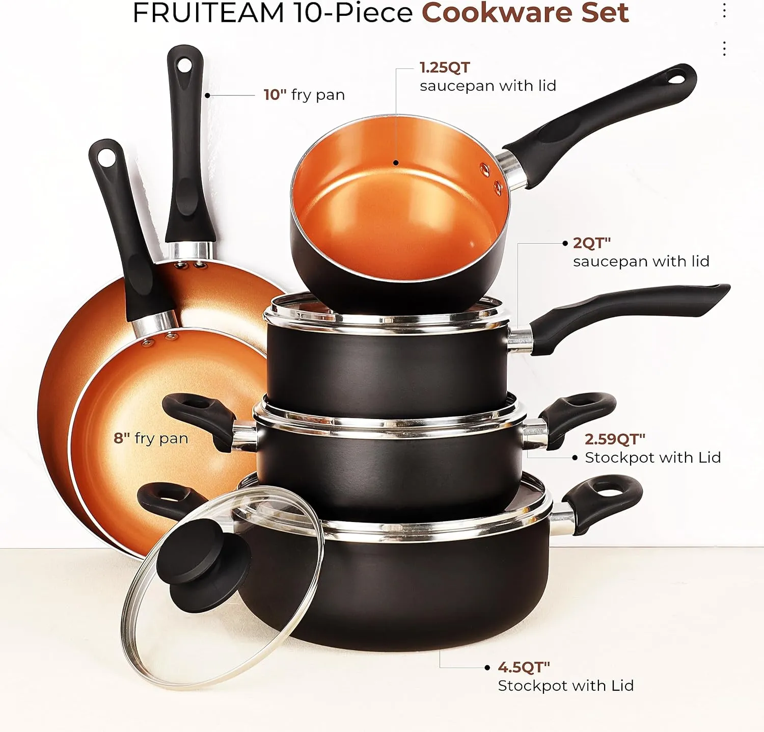 FRUITEAM 10pcs Cookware Set Ceramic Nonstick Soup Pot, Milk Pot and Frying Pans Set, Copper Aluminum Pan with Lid, Induction Gas Compatible, 1 Year Warranty Mothers Day Gifts for Wife…