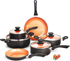 FRUITEAM 10pcs Cookware Set Ceramic Nonstick Soup Pot, Milk Pot and Frying Pans Set, Copper Aluminum Pan with Lid, Induction Gas Compatible, 1 Year Warranty Mothers Day Gifts for Wife…