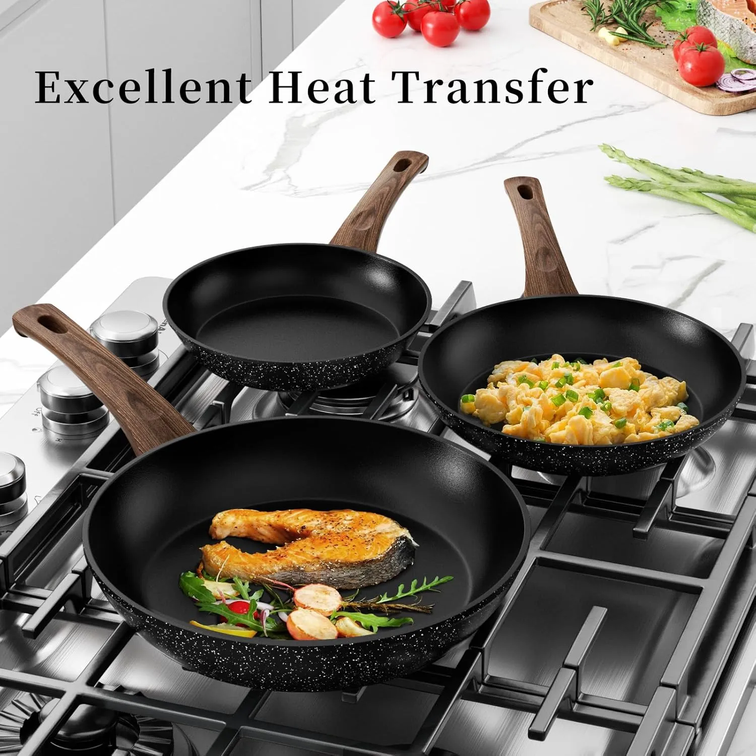 Frying Pan Set With Lids - Non Stick Frying Pans Set 3 Pcs, Nonstick Skillet Pans Set Egg Omelette Pan W/Lid, PFOA Free, Induction Non Toxic Cooking Black Pan Set
