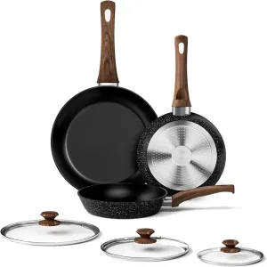 Frying Pan Set With Lids - Non Stick Frying Pans Set 3 Pcs, Nonstick Skillet Pans Set Egg Omelette Pan W/Lid, PFOA Free, Induction Non Toxic Cooking Black Pan Set