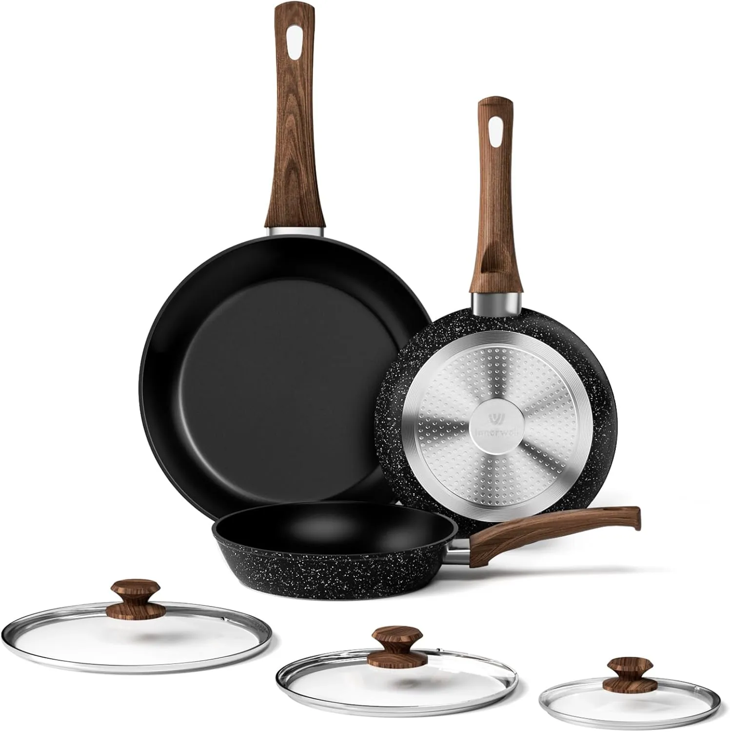 Frying Pan Set With Lids - Non Stick Frying Pans Set 3 Pcs, Nonstick Skillet Pans Set Egg Omelette Pan W/Lid, PFOA Free, Induction Non Toxic Cooking Black Pan Set
