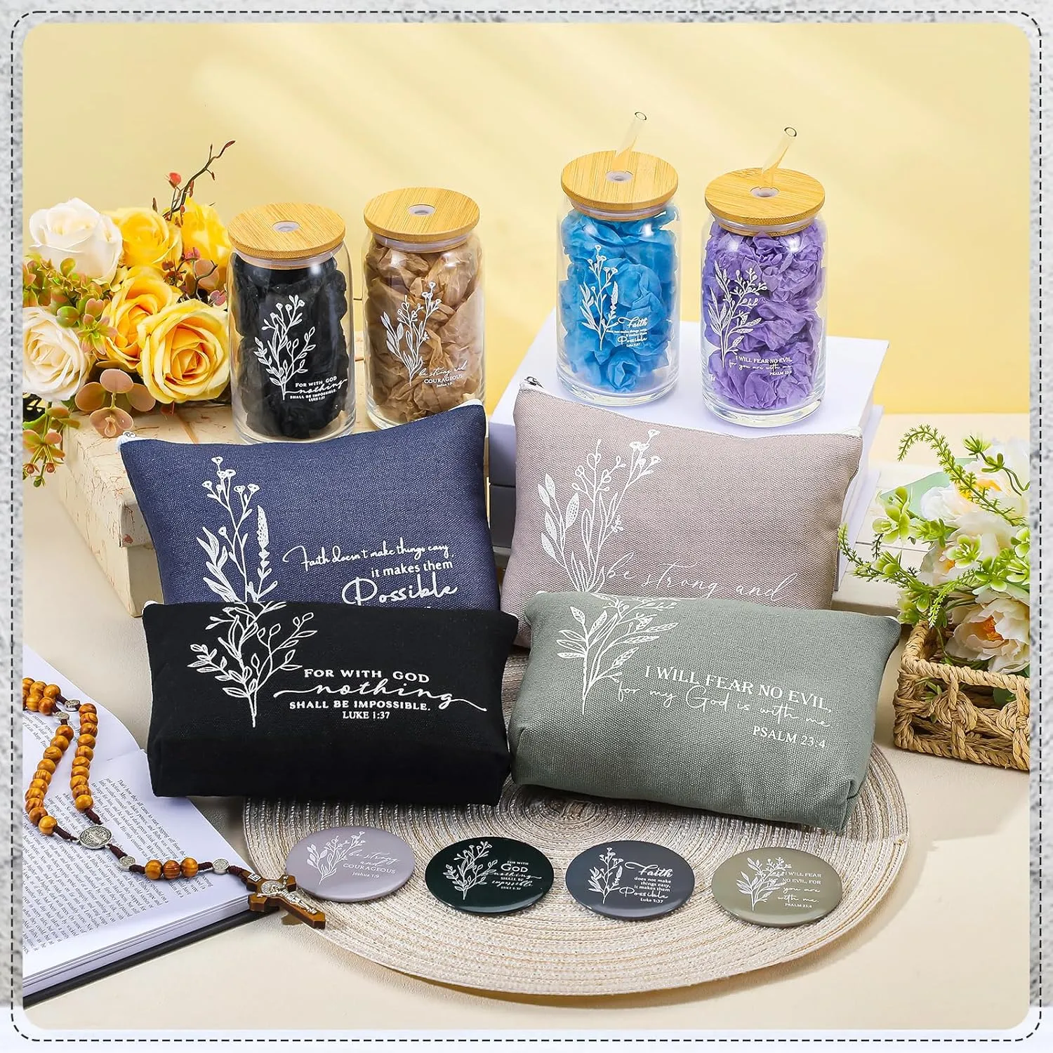 Fumete Christian Gift for Women Sunday School Teacher Flower Makeup Bag Graduation Bible Verse Glass Coffee Cup with Bamboo Lid Straw Mini Compact Mirror Religious Scripture Church(Bible-b,4 Sets)