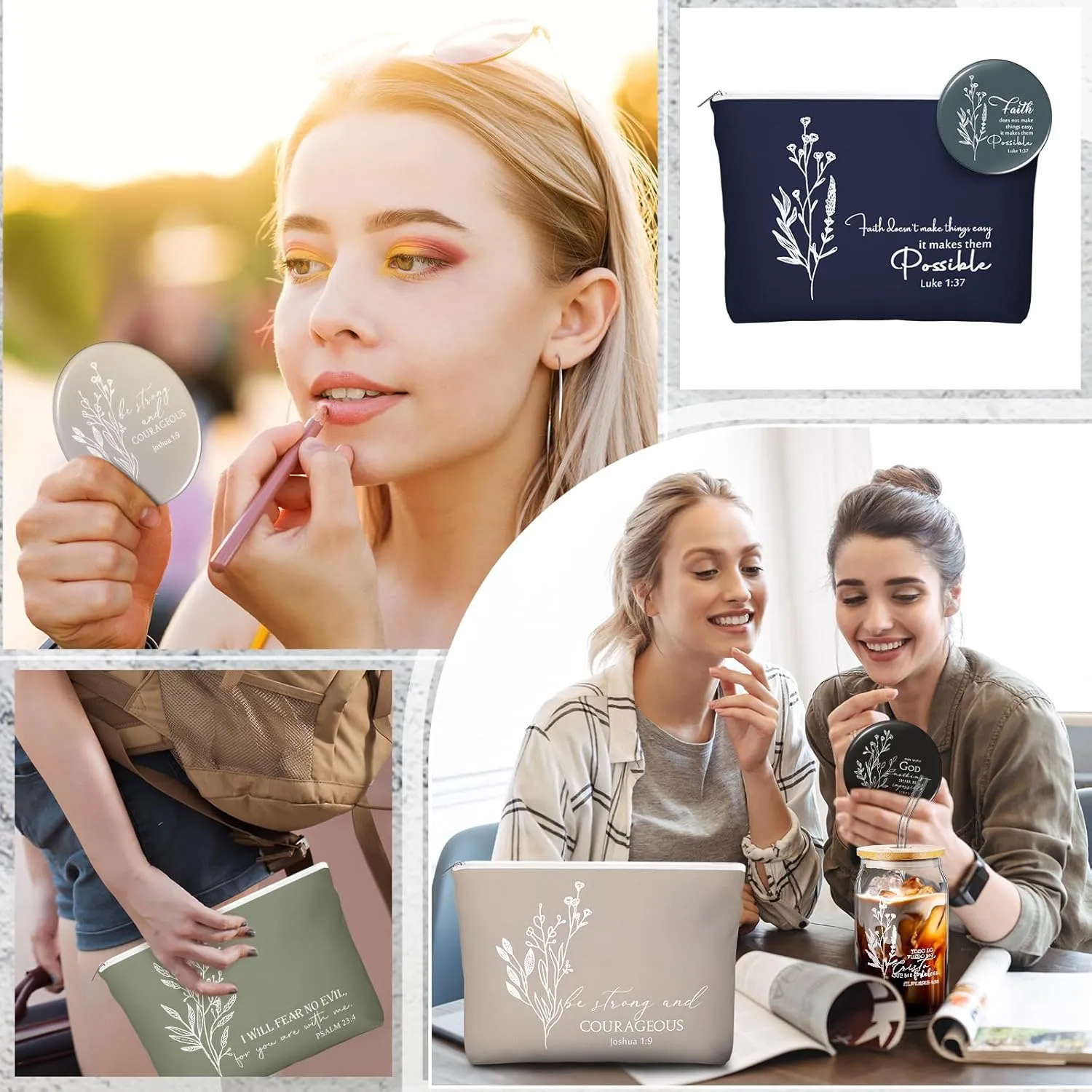 Fumete Christian Gift for Women Sunday School Teacher Flower Makeup Bag Graduation Bible Verse Glass Coffee Cup with Bamboo Lid Straw Mini Compact Mirror Religious Scripture Church(Bible-b,4 Sets)