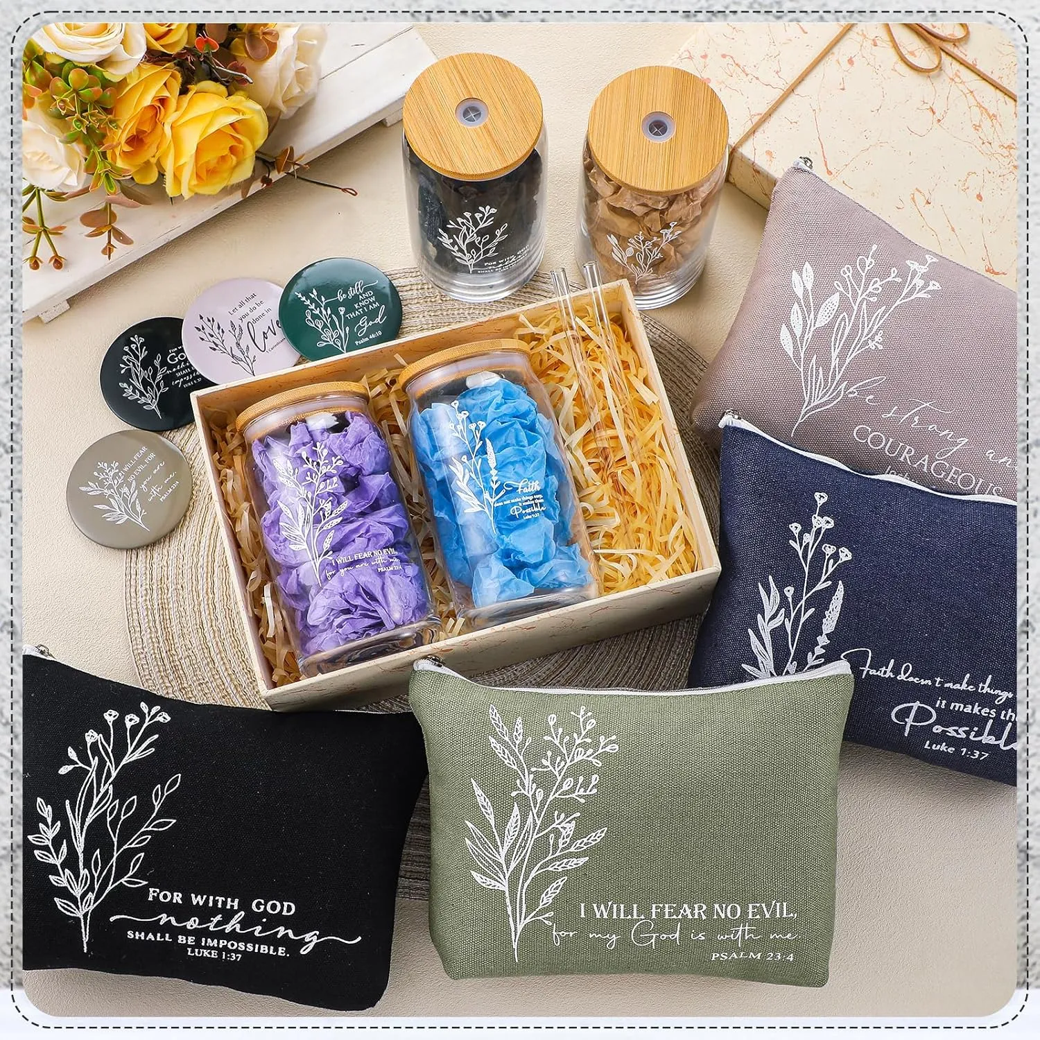 Fumete Christian Gift for Women Sunday School Teacher Flower Makeup Bag Graduation Bible Verse Glass Coffee Cup with Bamboo Lid Straw Mini Compact Mirror Religious Scripture Church(Bible-b,4 Sets)