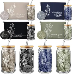 Fumete Christian Gift for Women Sunday School Teacher Flower Makeup Bag Graduation Bible Verse Glass Coffee Cup with Bamboo Lid Straw Mini Compact Mirror Religious Scripture Church(Bible-b,4 Sets)