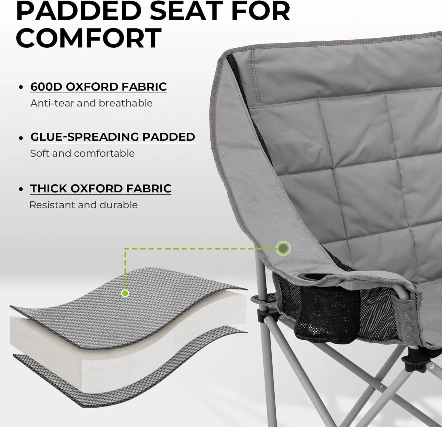 FUNDANGO Double Camping Chair, 2 Person Folding Padded Loveseat for Adults，660lbs Heavy Duty Chair with Arm Cup Holder for Outdoor Patio Lawn Camp with Carry Bag (Grey)