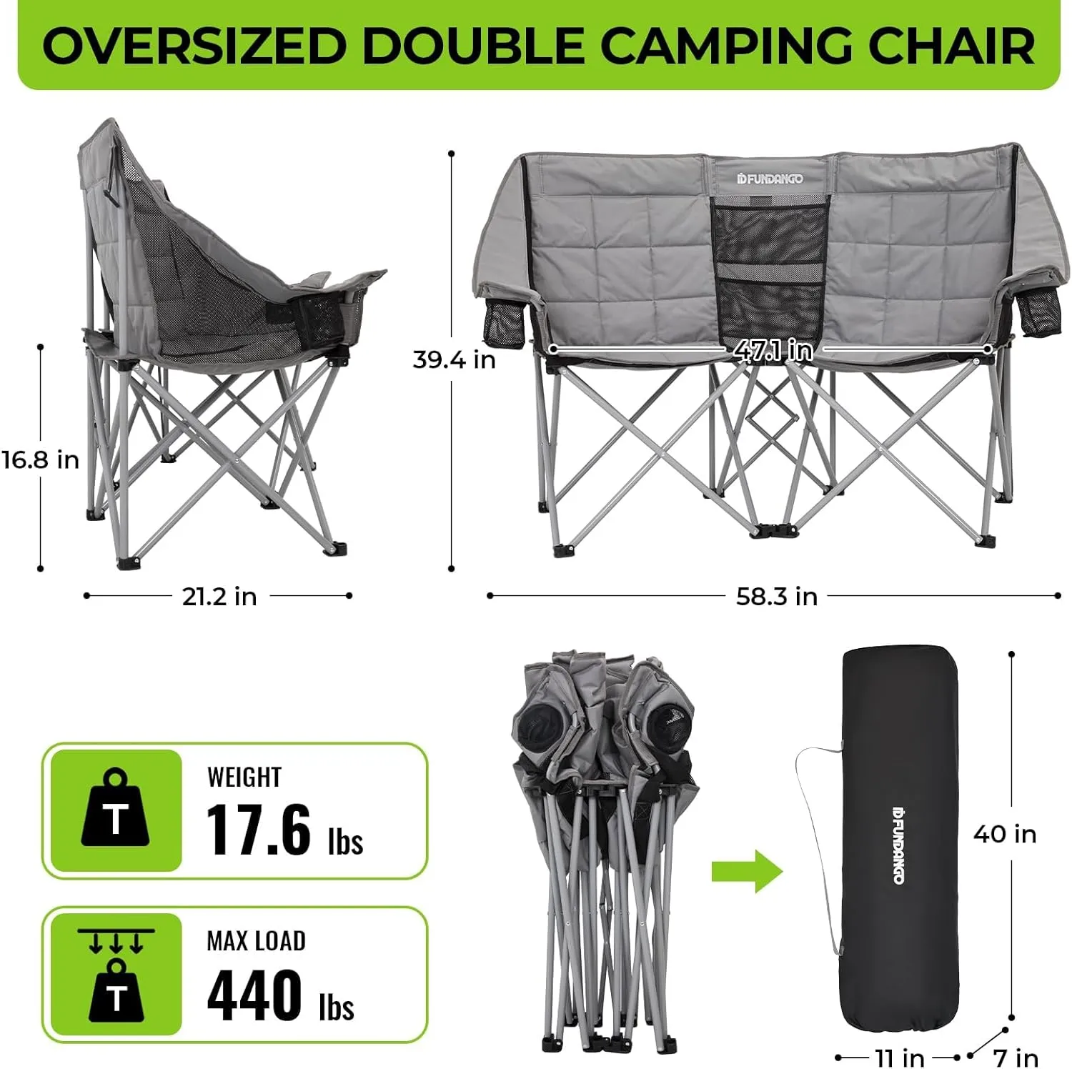 FUNDANGO Double Camping Chair, 2 Person Folding Padded Loveseat for Adults，660lbs Heavy Duty Chair with Arm Cup Holder for Outdoor Patio Lawn Camp with Carry Bag (Grey)