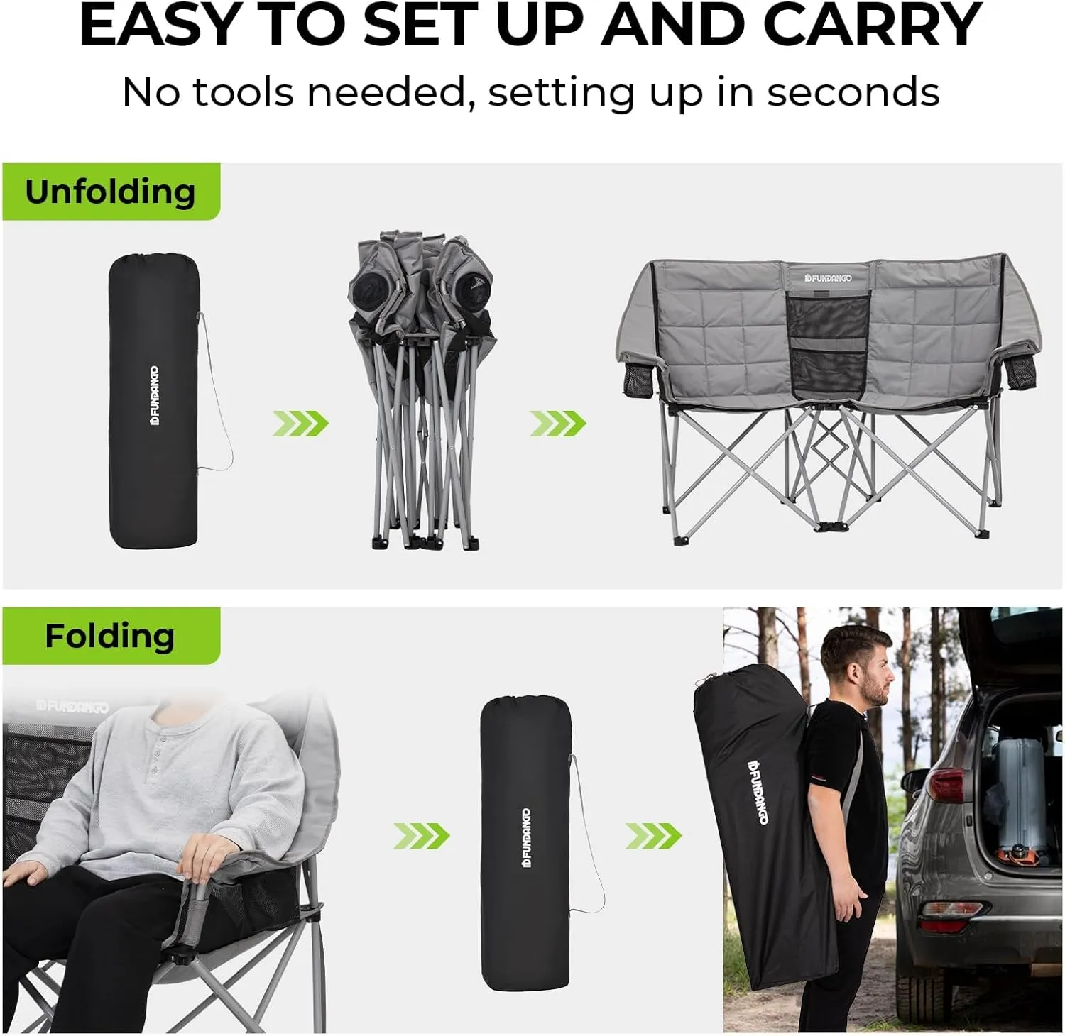 FUNDANGO Double Camping Chair, 2 Person Folding Padded Loveseat for Adults，660lbs Heavy Duty Chair with Arm Cup Holder for Outdoor Patio Lawn Camp with Carry Bag (Grey)